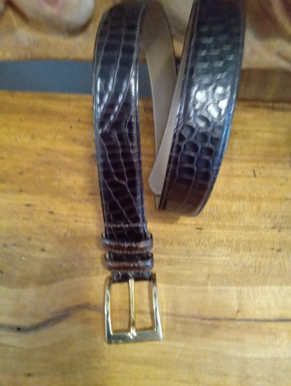 Vintage Talbots Brown Leather Crocodile Belt w/Stitch Detailing Sz L Gold Buckle